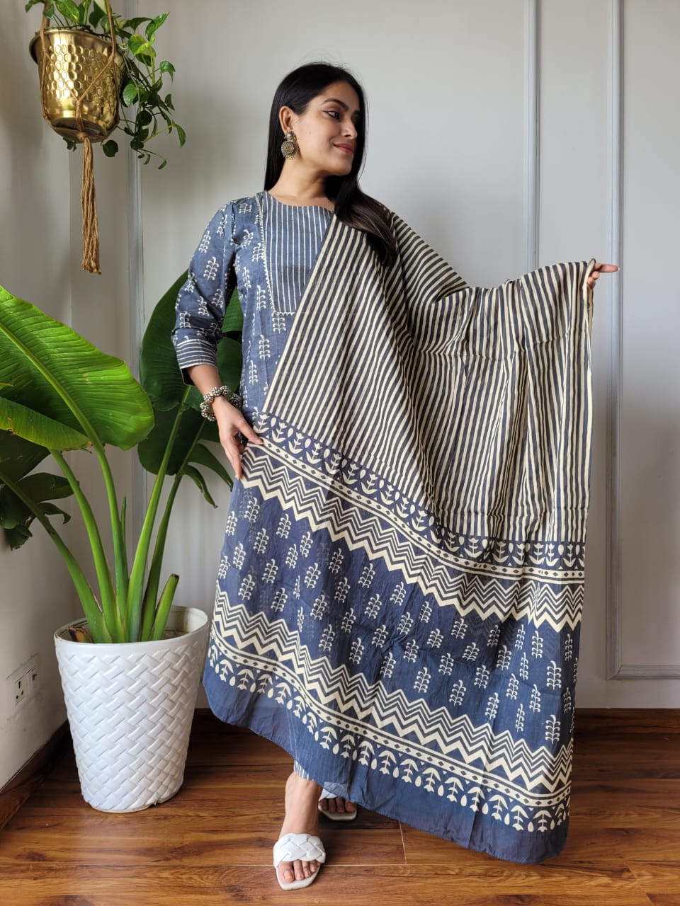 Grey Cotton Printed Straight Suit Set