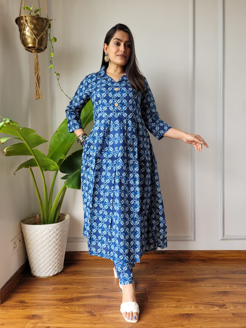 Shop Blue Nyra Cut Cotton Kurti Set