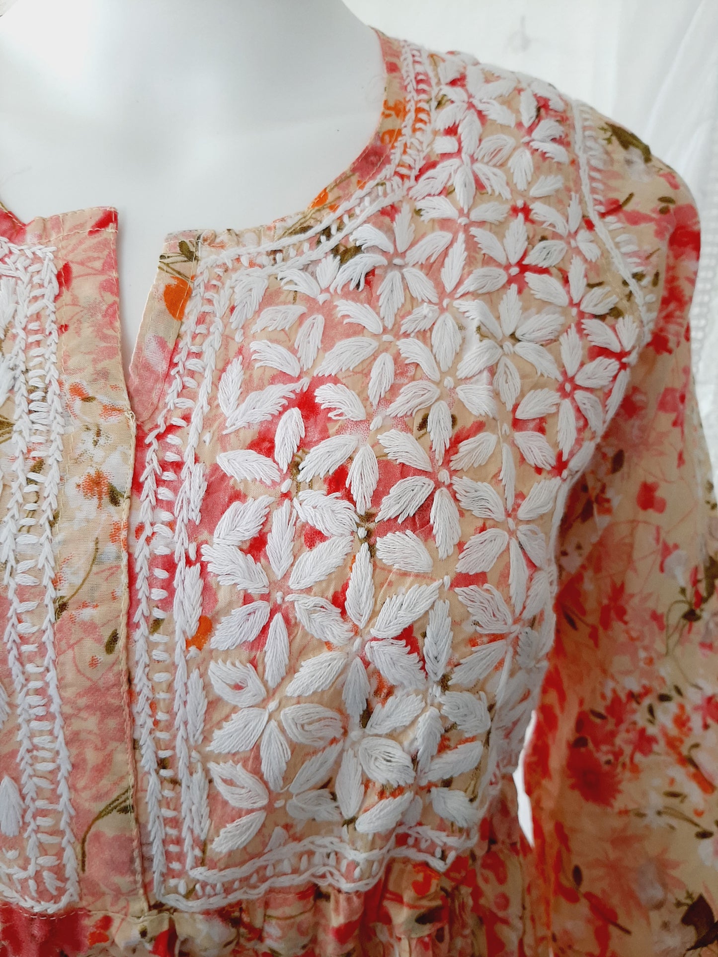 Bloom Printed Peach Cotton Mulmul Chikankari Short Kurti