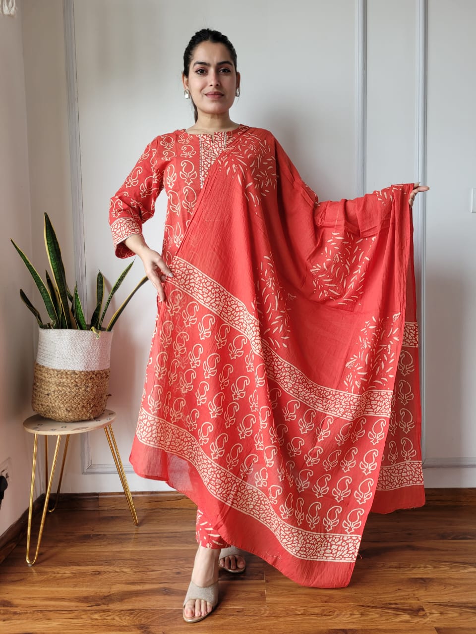 Tomato Red Cotton Printed Straight Suit Set