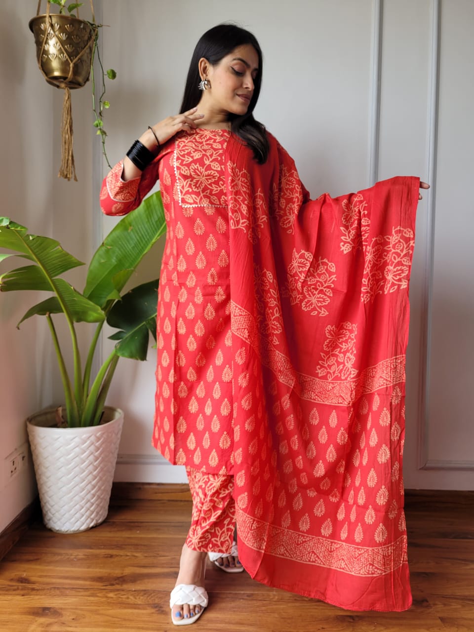 Red Cotton Printed Straight Suit Set