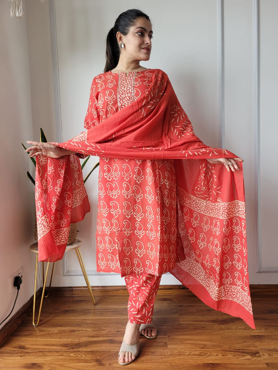 Tomato Red Cotton Printed Straight Suit Set