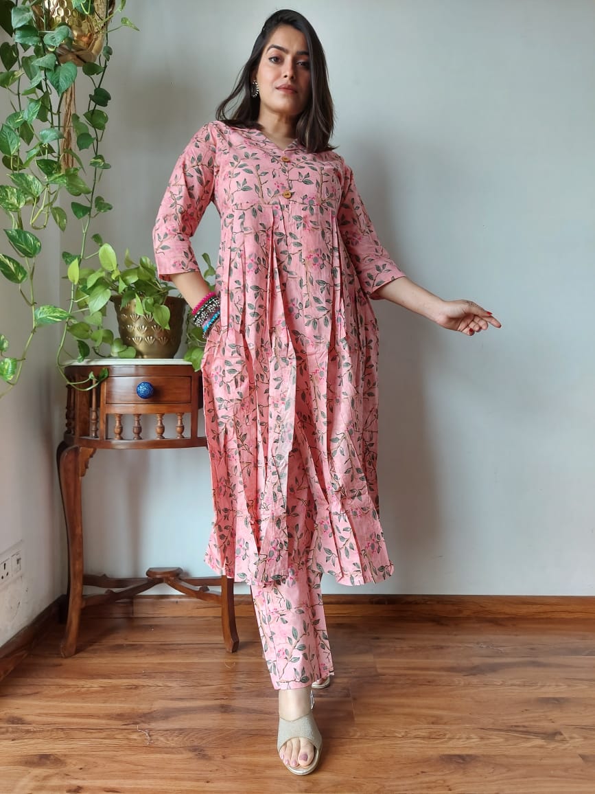 Shop Peach Nyra Cut Cotton Kurti Set