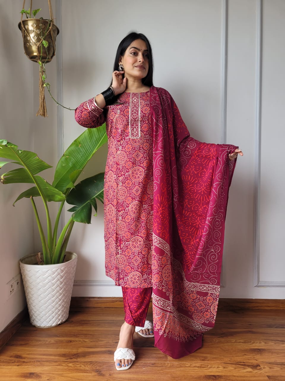 Shop Maroon Ajrakh Suit Set Online-STORI