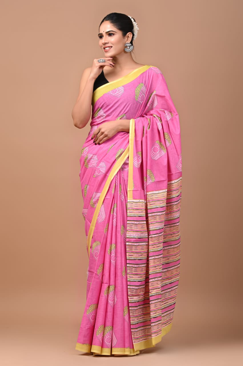 Pink Popcorn Handloom Cotton Mulmul Saree