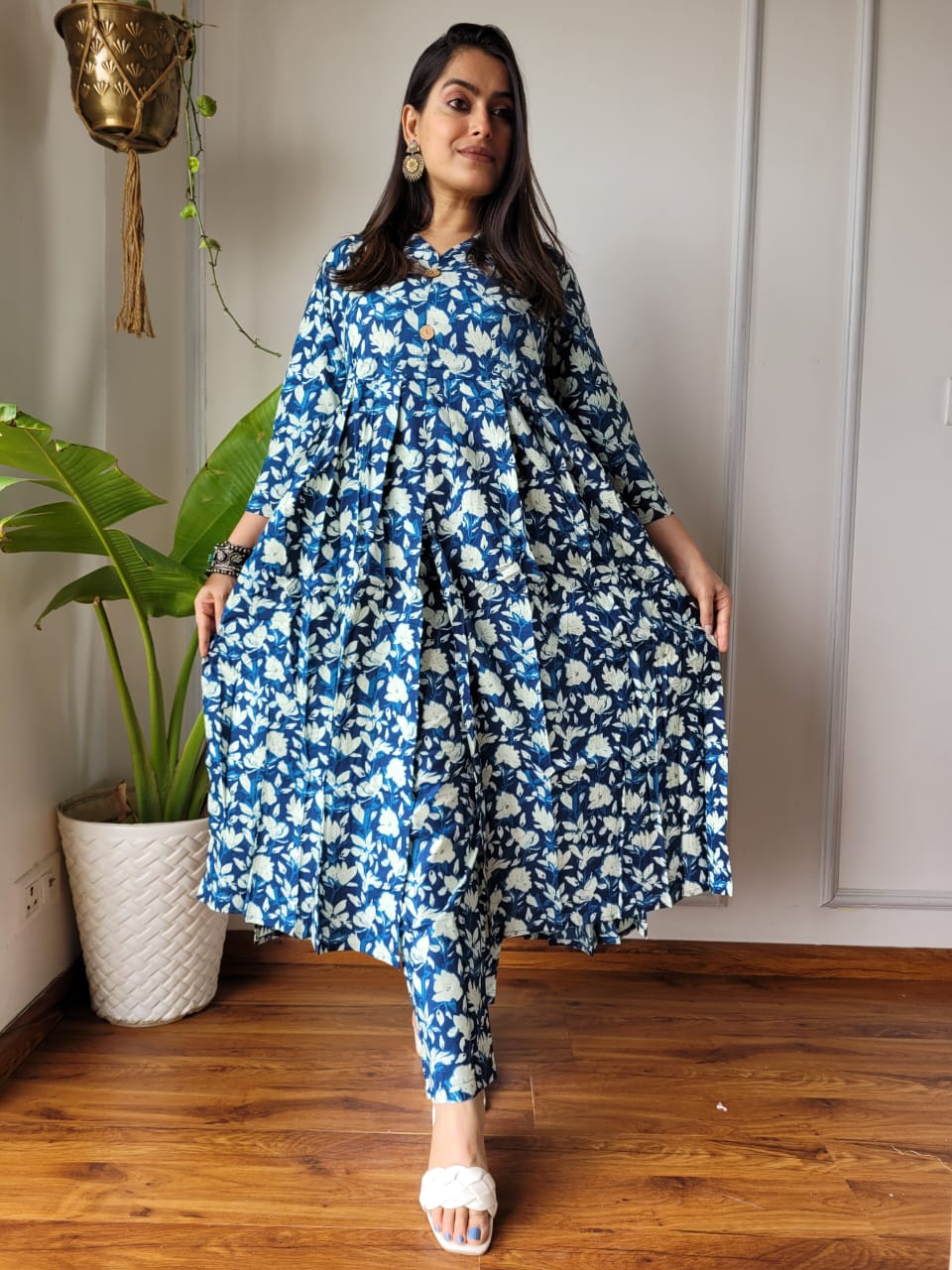 Shop Blue Nyra Cut Cotton Kurti Set