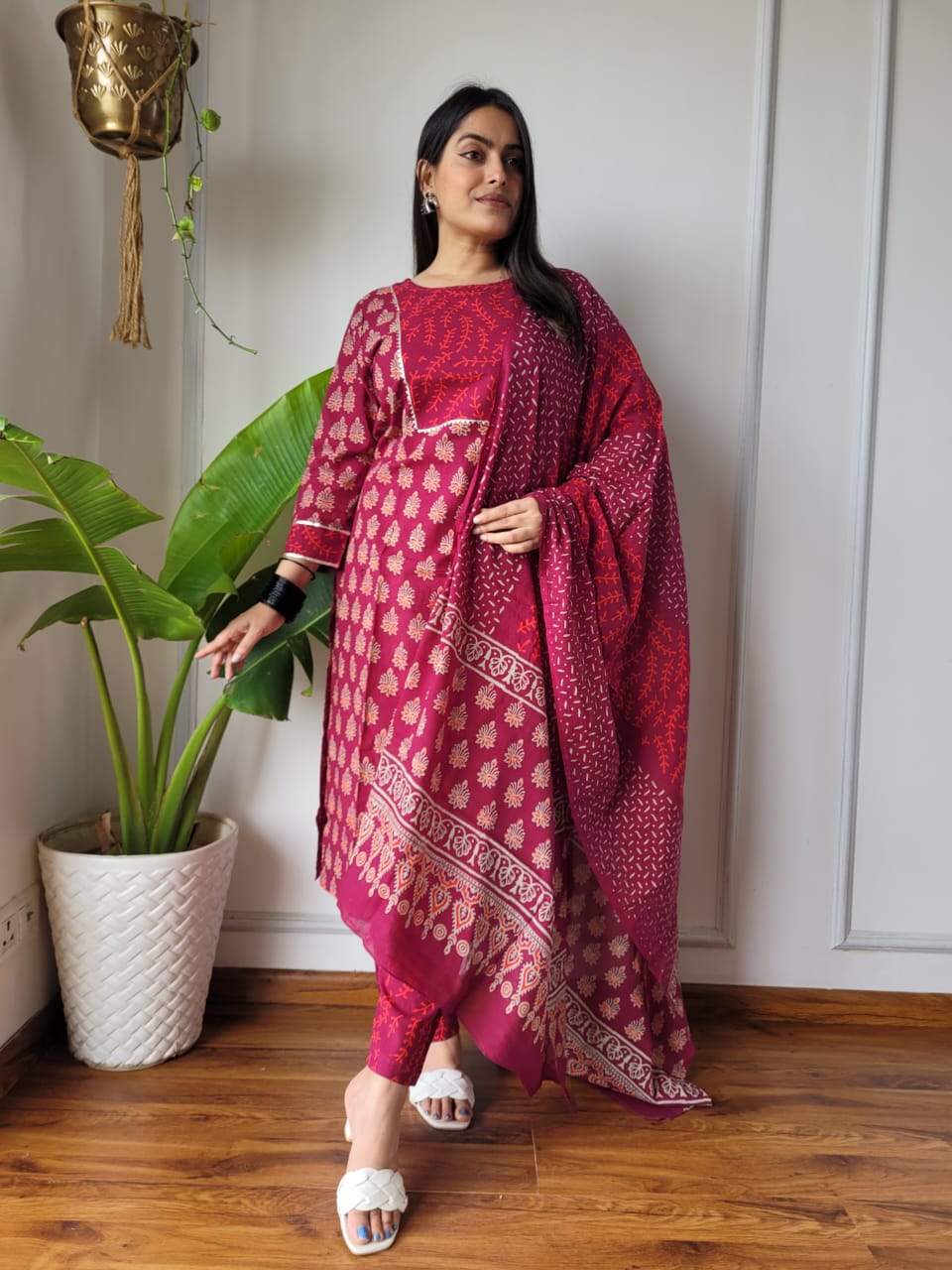 Maroon Cotton Printed Straight Suit Set