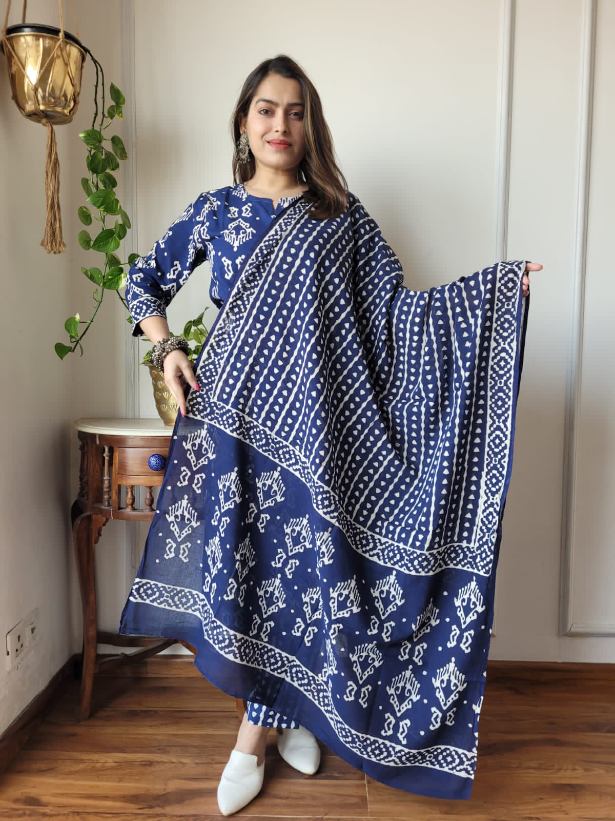 Blue Cotton Printed Straight Suit Set