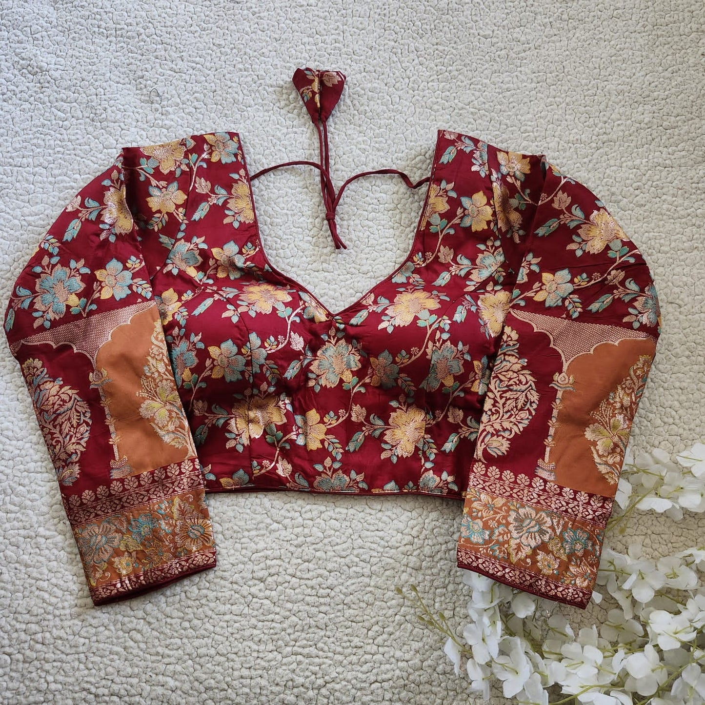 Shop Maroon Readymade Banarasi Long Sleeves Blouse Online - STORI