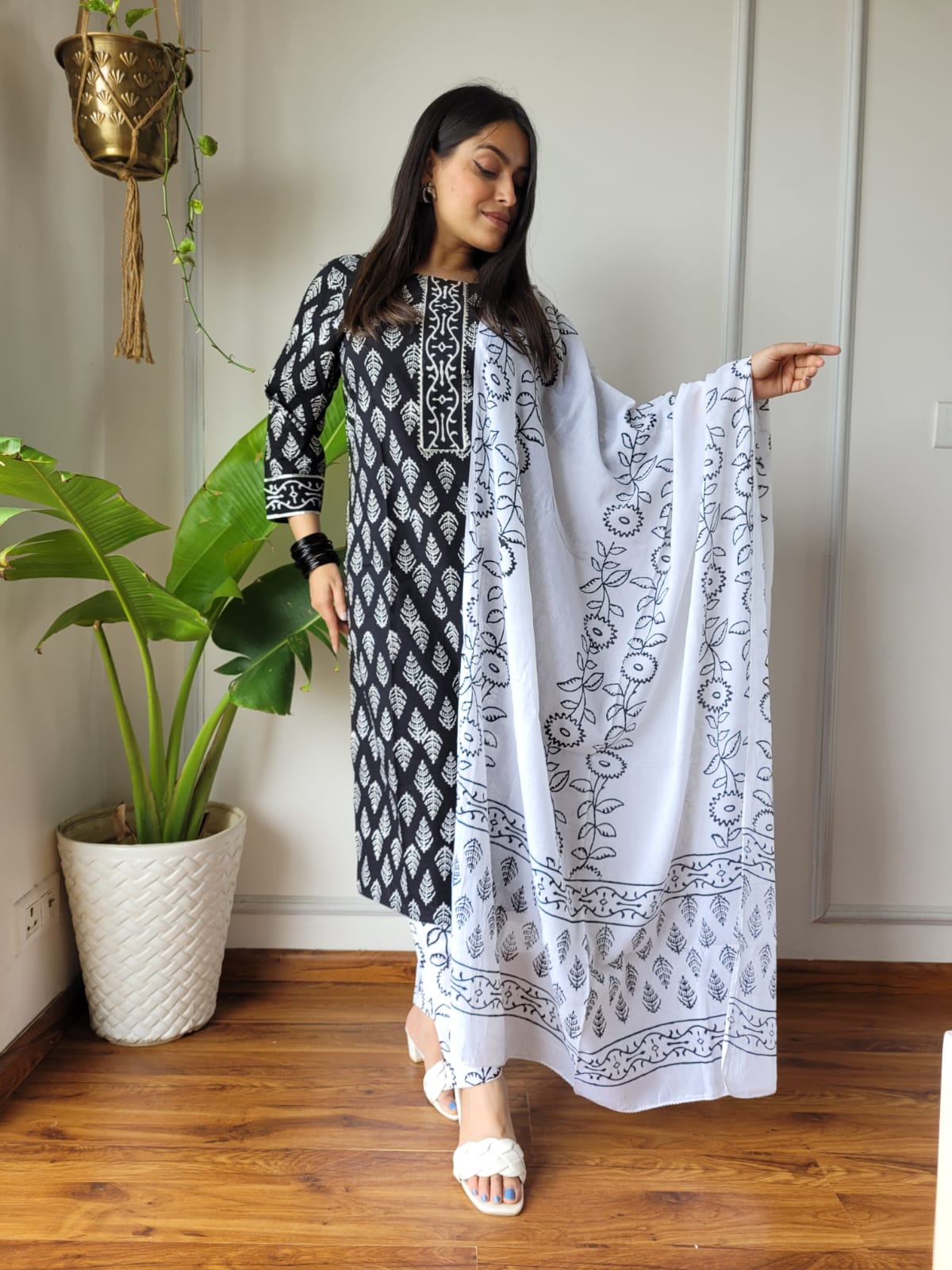 Black & White Cotton Printed Straight Suit Set