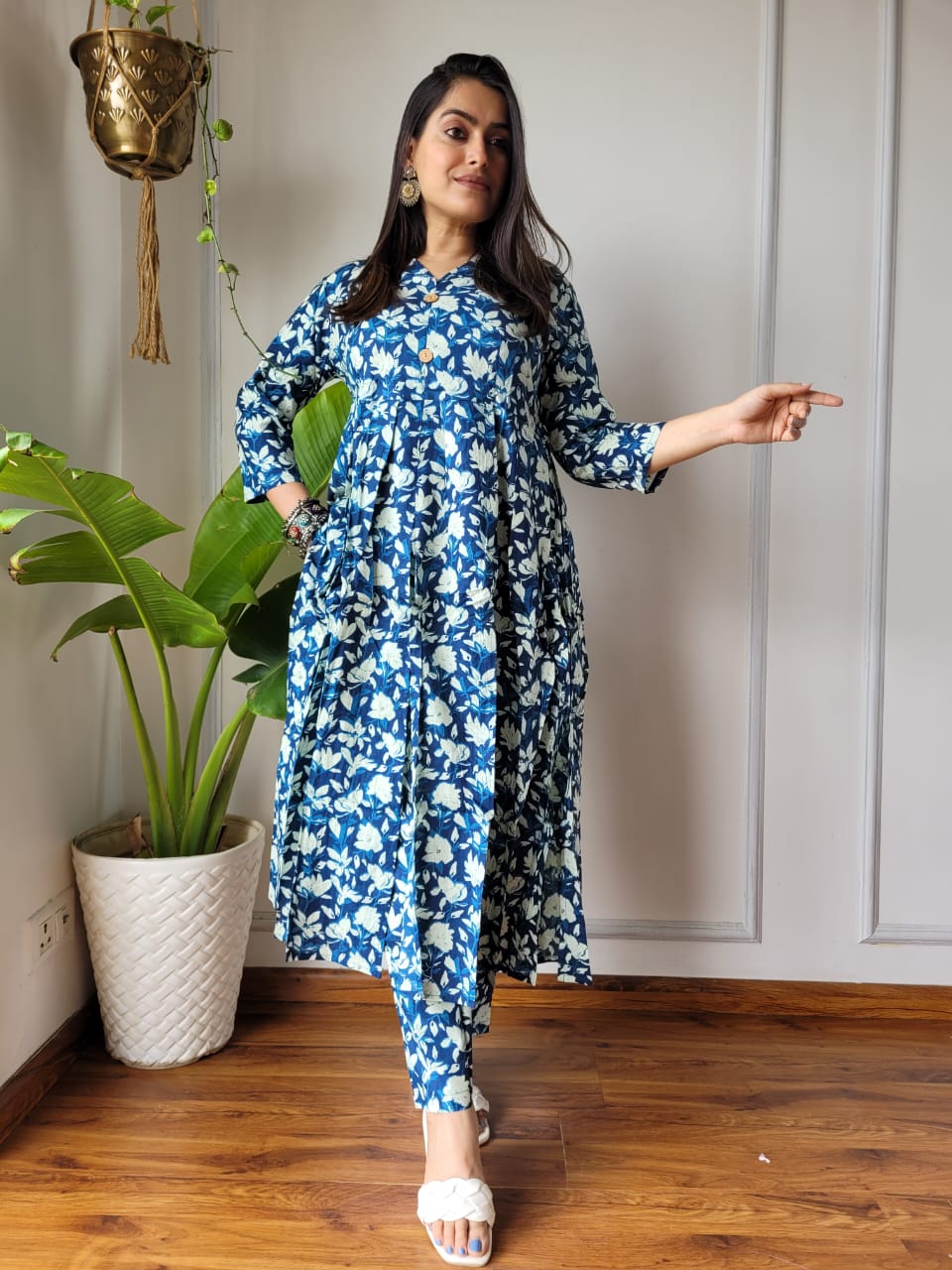 Shop Blue Nyra Cut Cotton Kurti Set