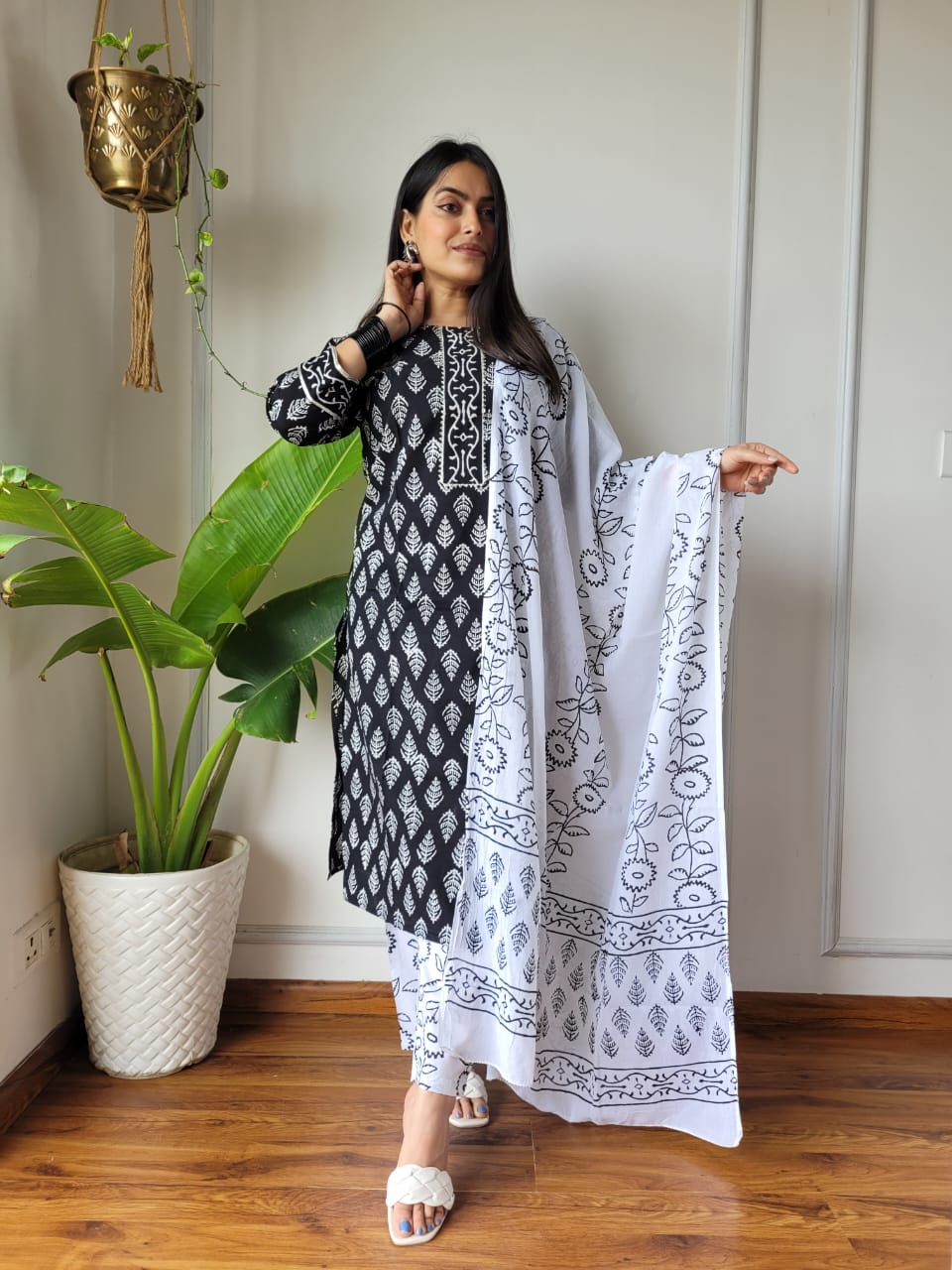 Black & White Cotton Printed Straight Suit Set