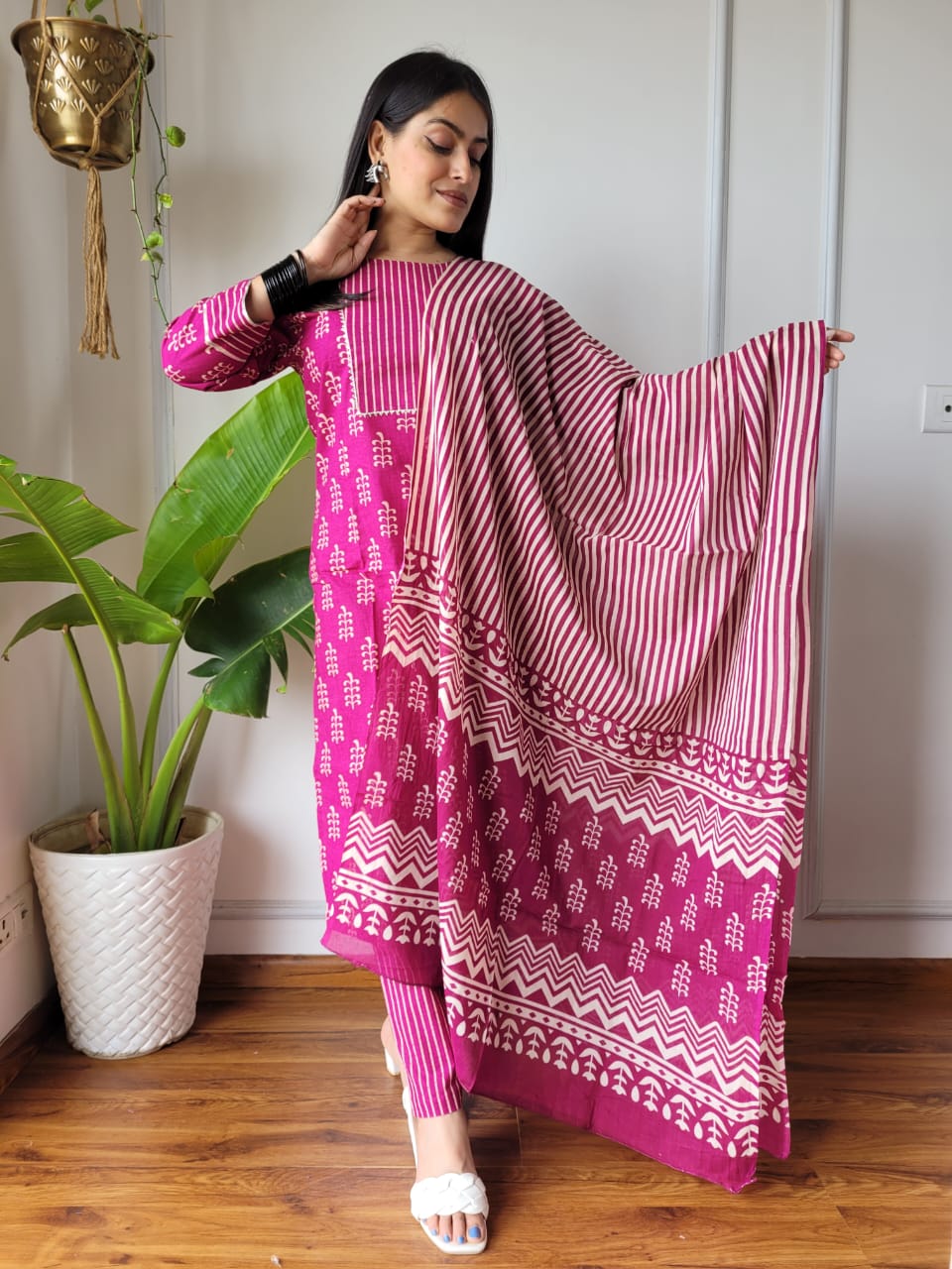 Pink Cotton Printed Straight Suit Set