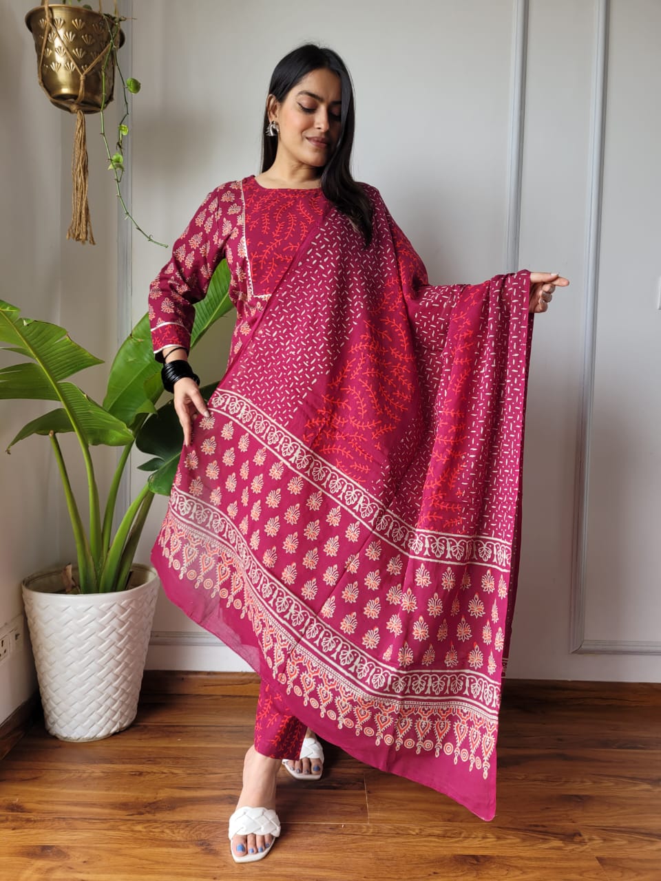 Maroon Cotton Printed Straight Suit Set