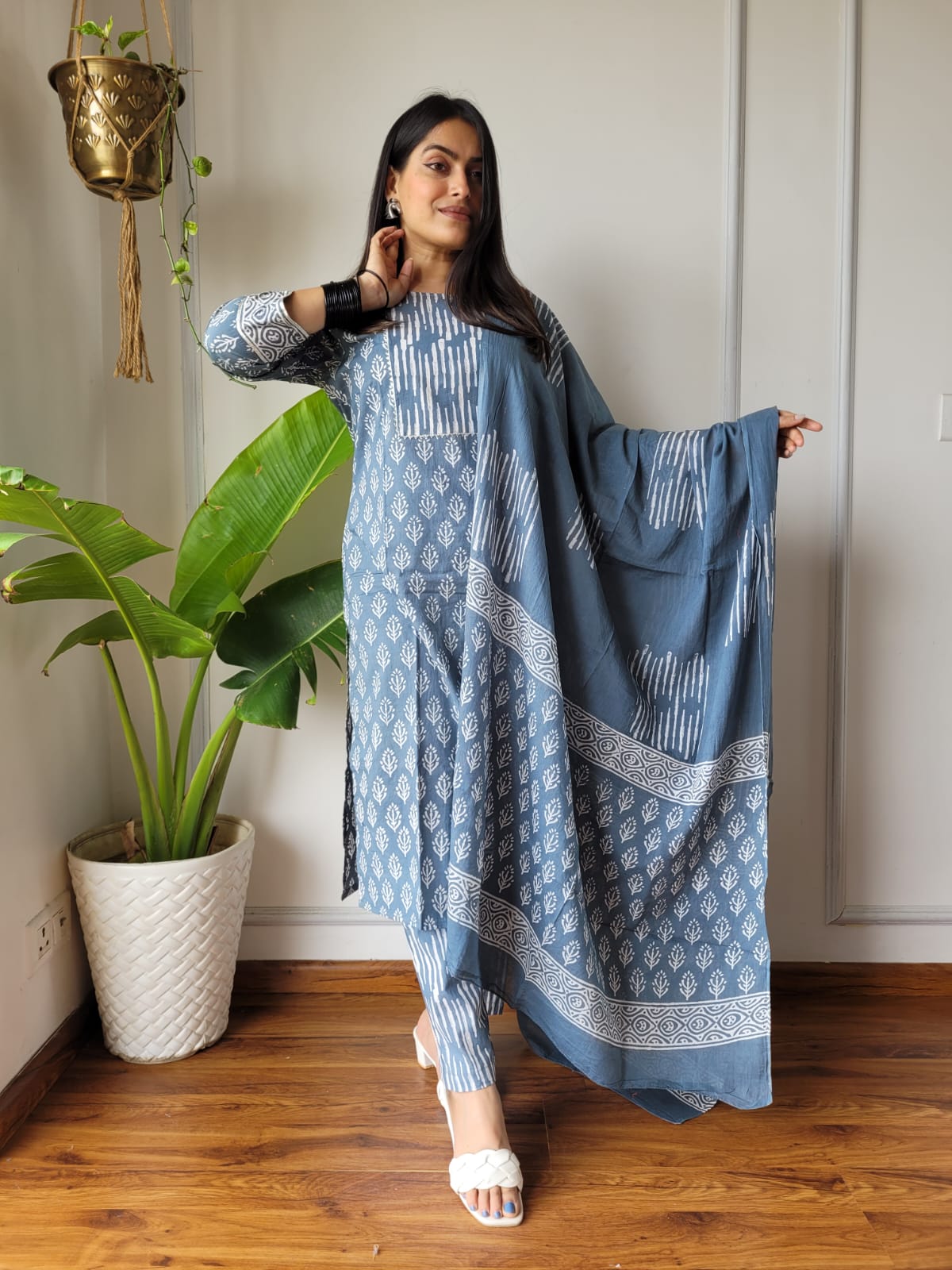 Grey Cotton Printed Straight Suit Set