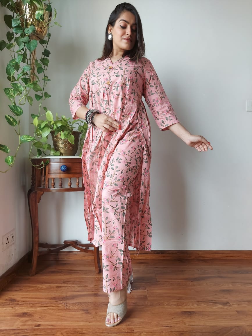 Shop Peach Nyra Cut Cotton Kurti Set