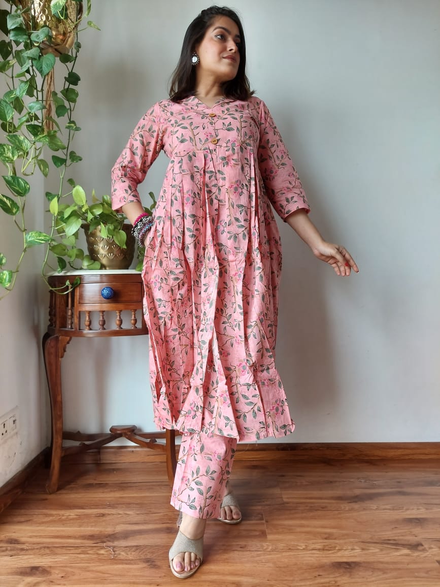 Shop Peach Nyra Cut Cotton Kurti Set