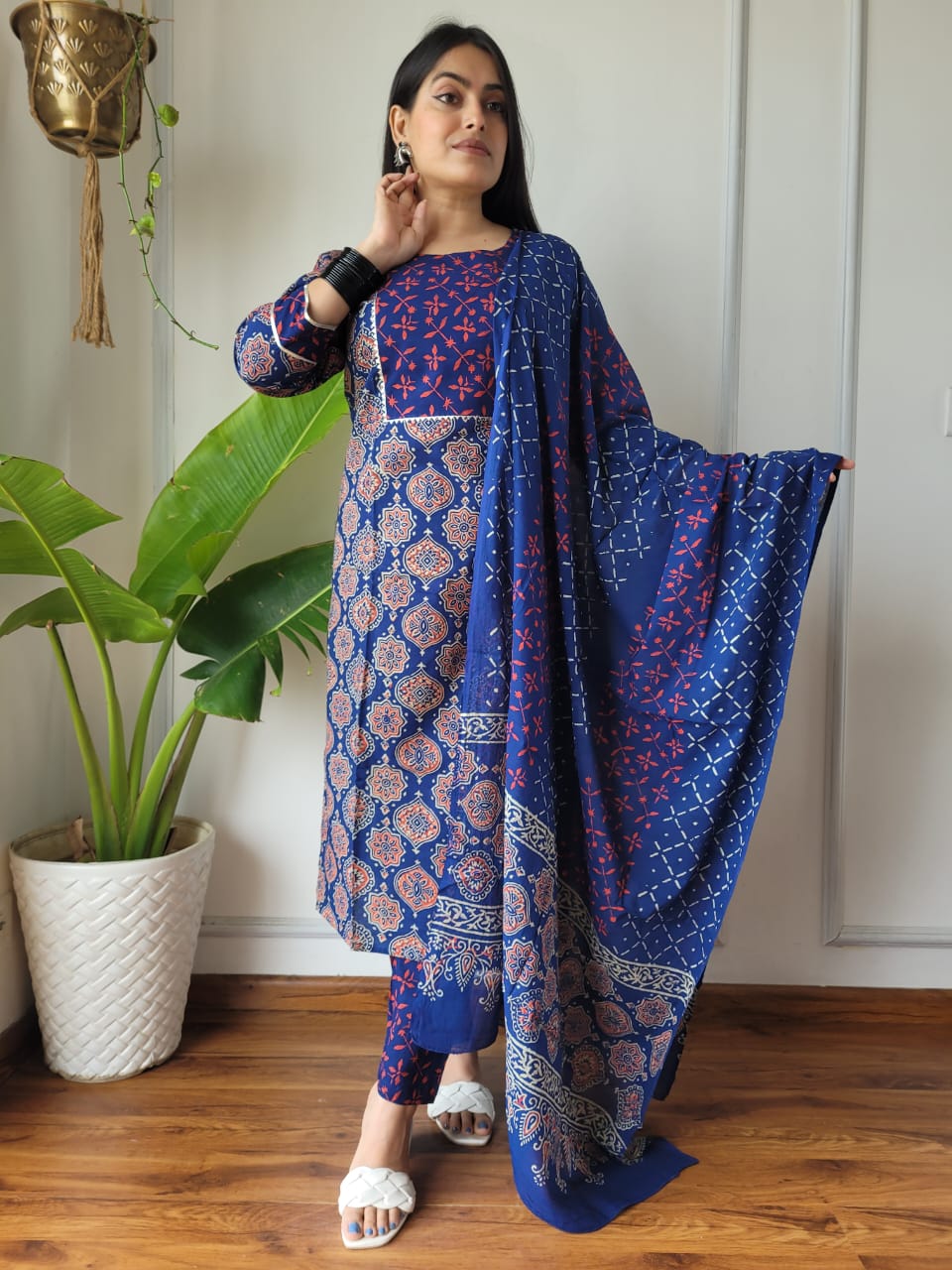 Shop Blue Ajrakh Suit Set Online-STORI