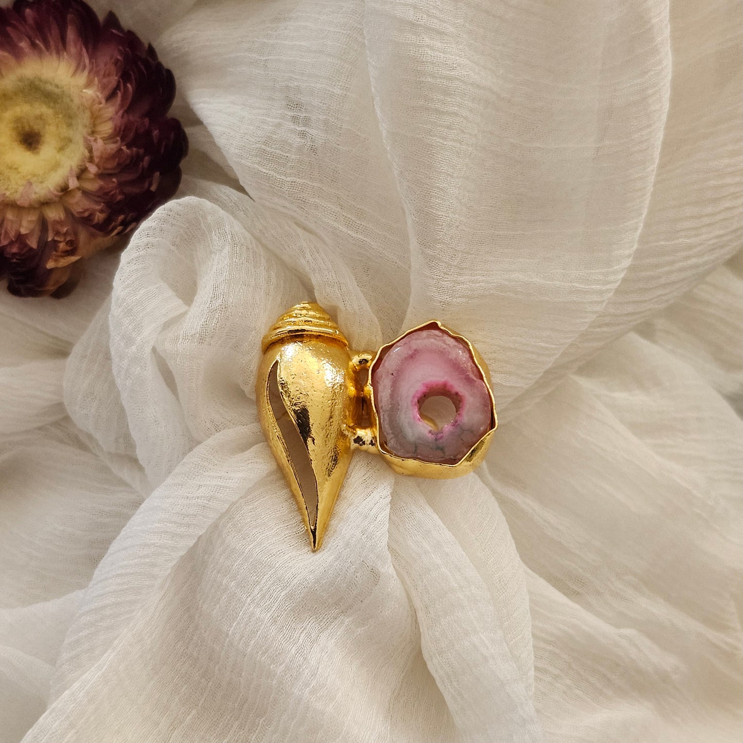 Rose Quartz & Golden Shell Statement Finger Ring