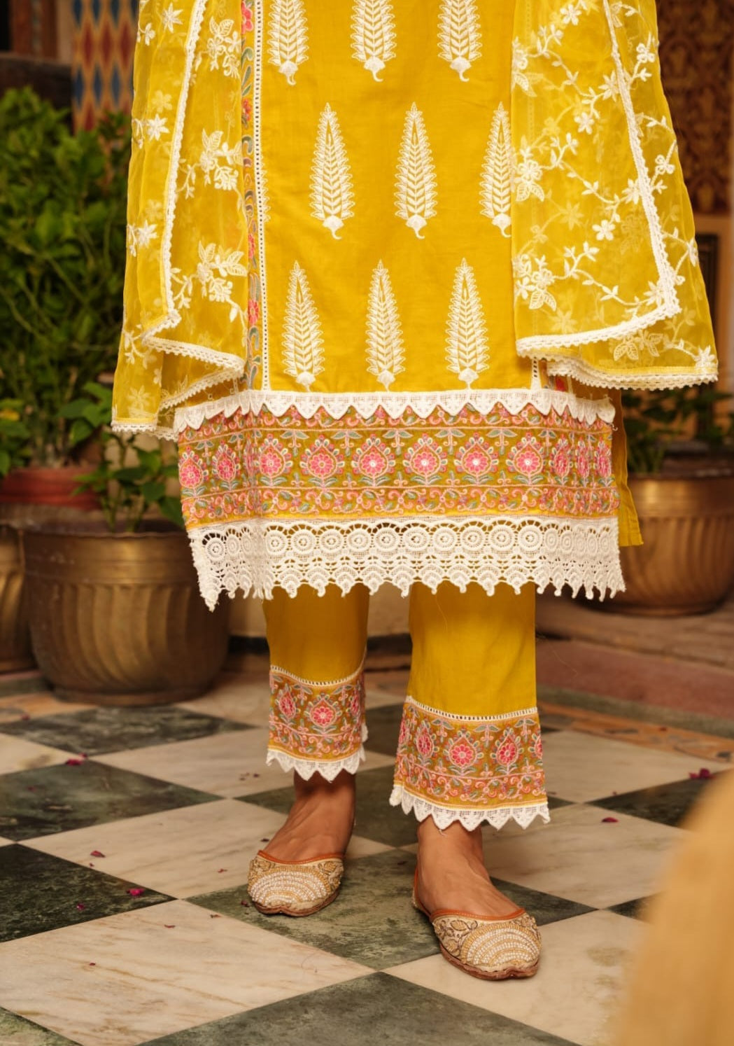 Bright Yellow Designer Schiffili Embroidered Kurti Set