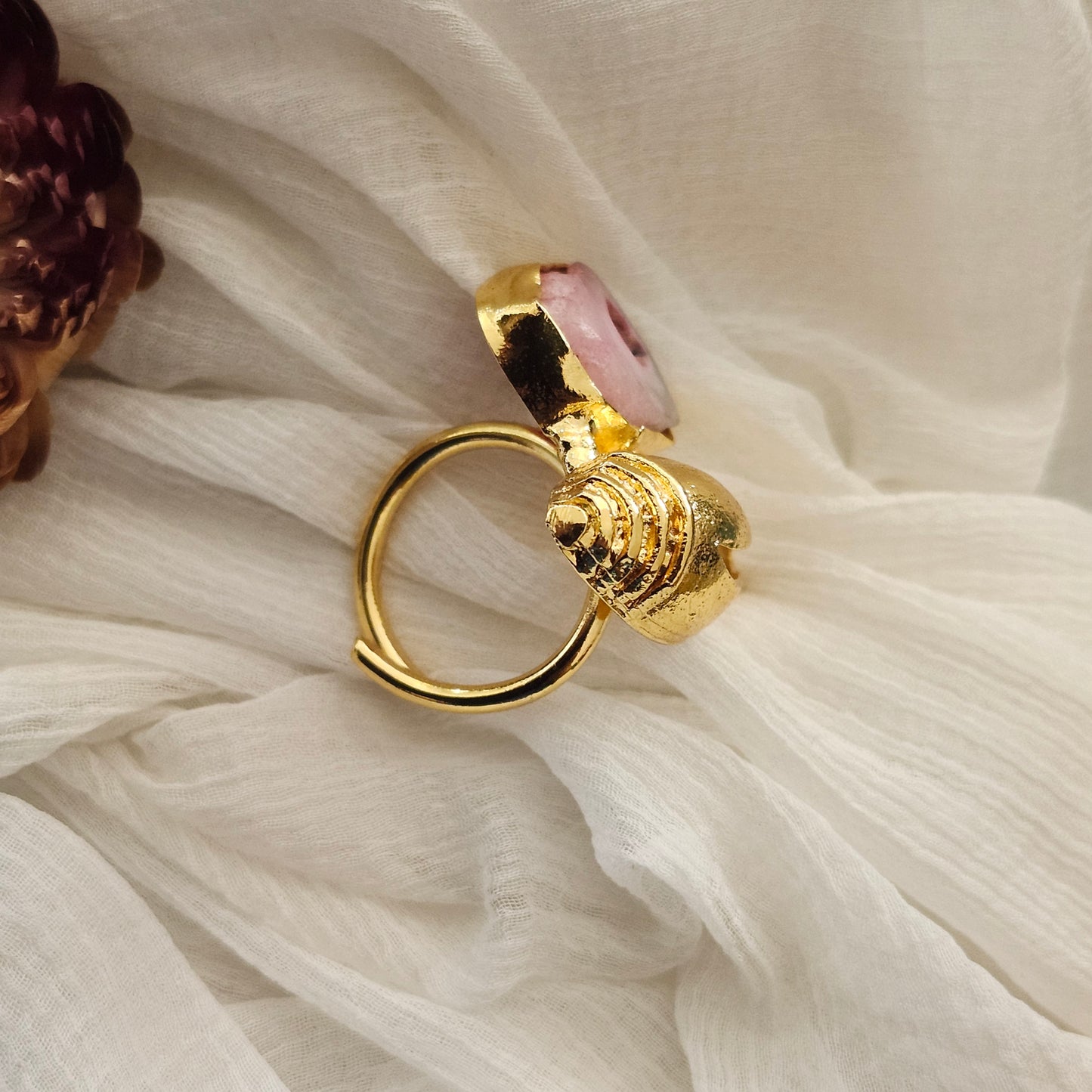 Rose Quartz & Golden Shell Statement Finger Ring