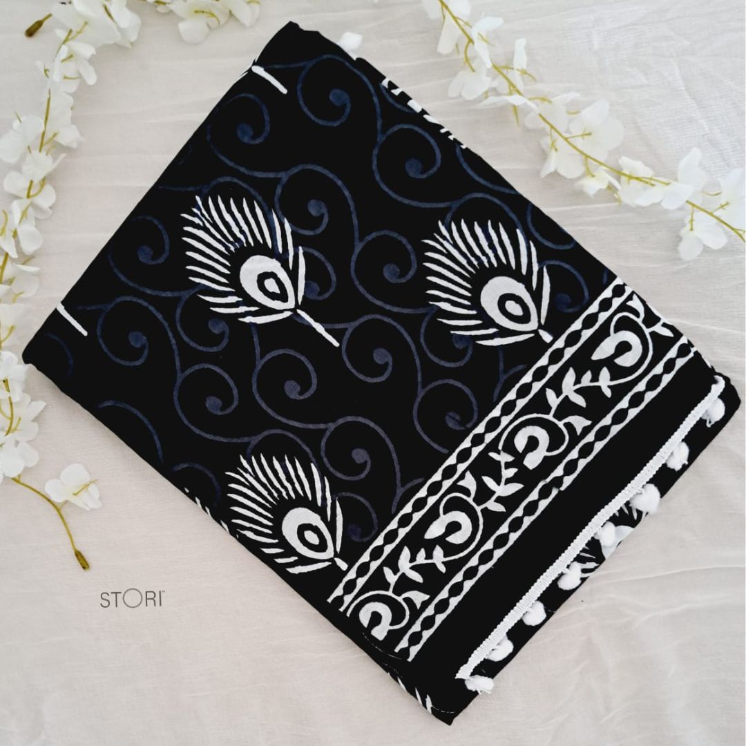 Black Block Printed Handloom Cotton Mulmul Saree