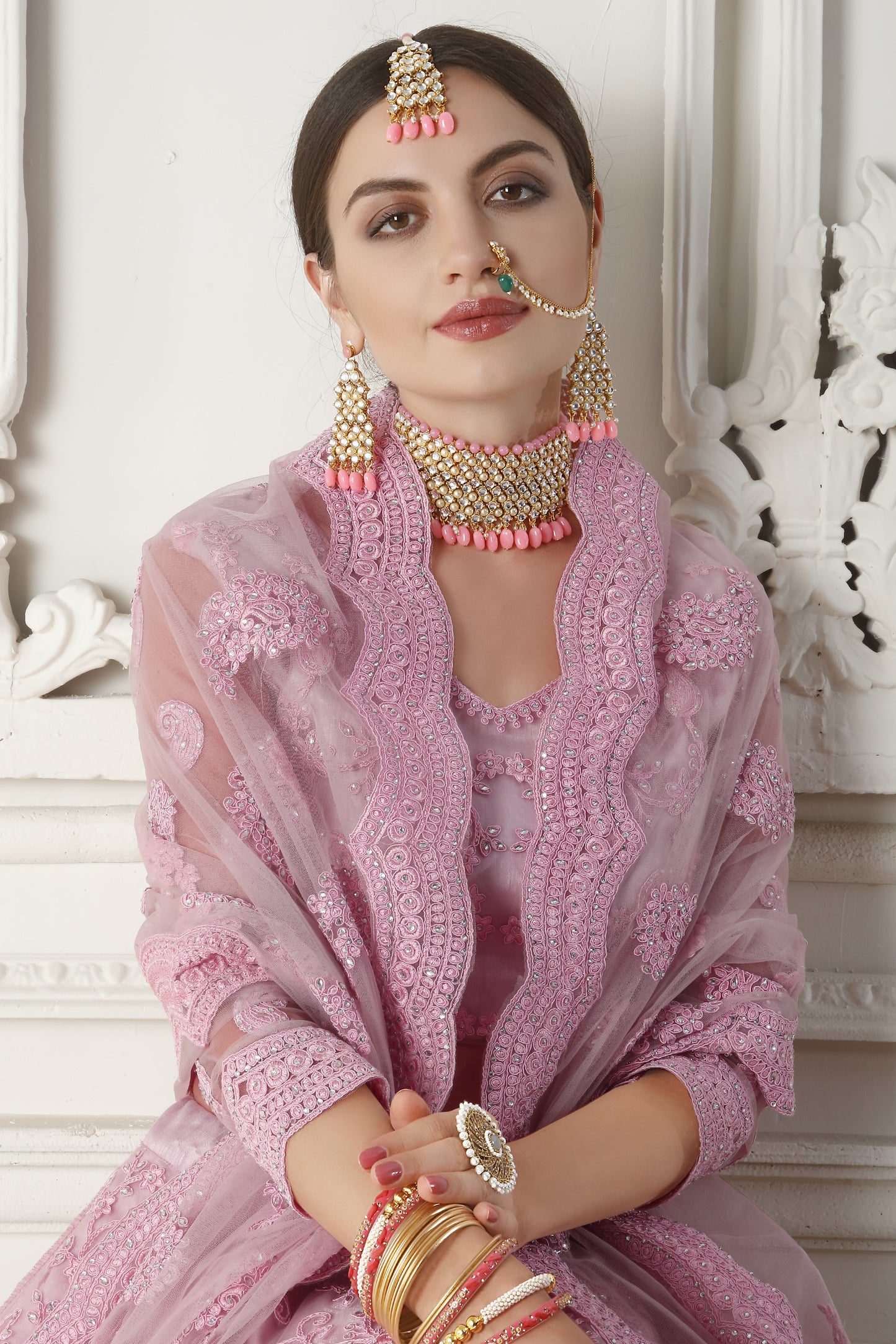 Rose Pink Heavy Embroidered Net Lehenga