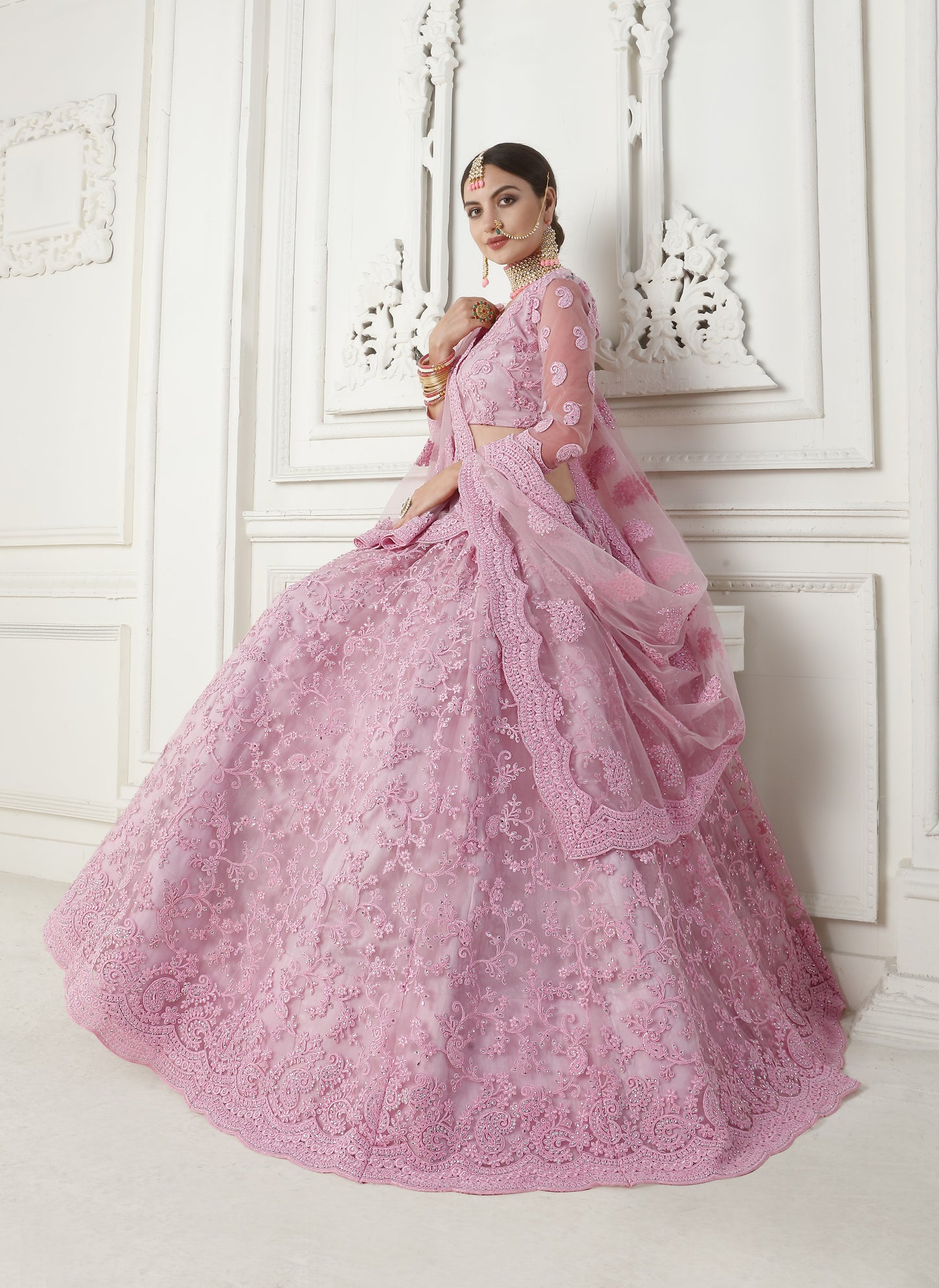 Rose Pink Heavy Embroidered Net Lehenga