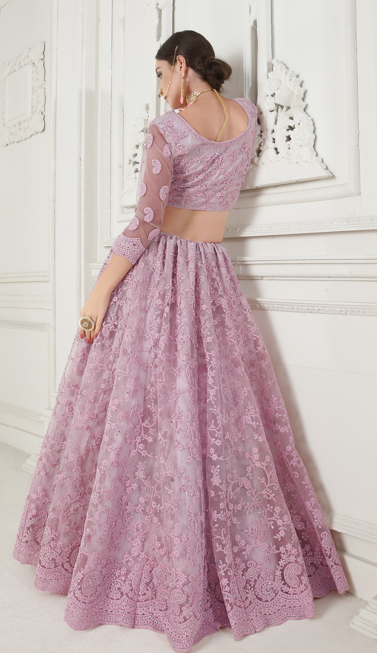 Rose Pink Heavy Embroidered Net Lehenga