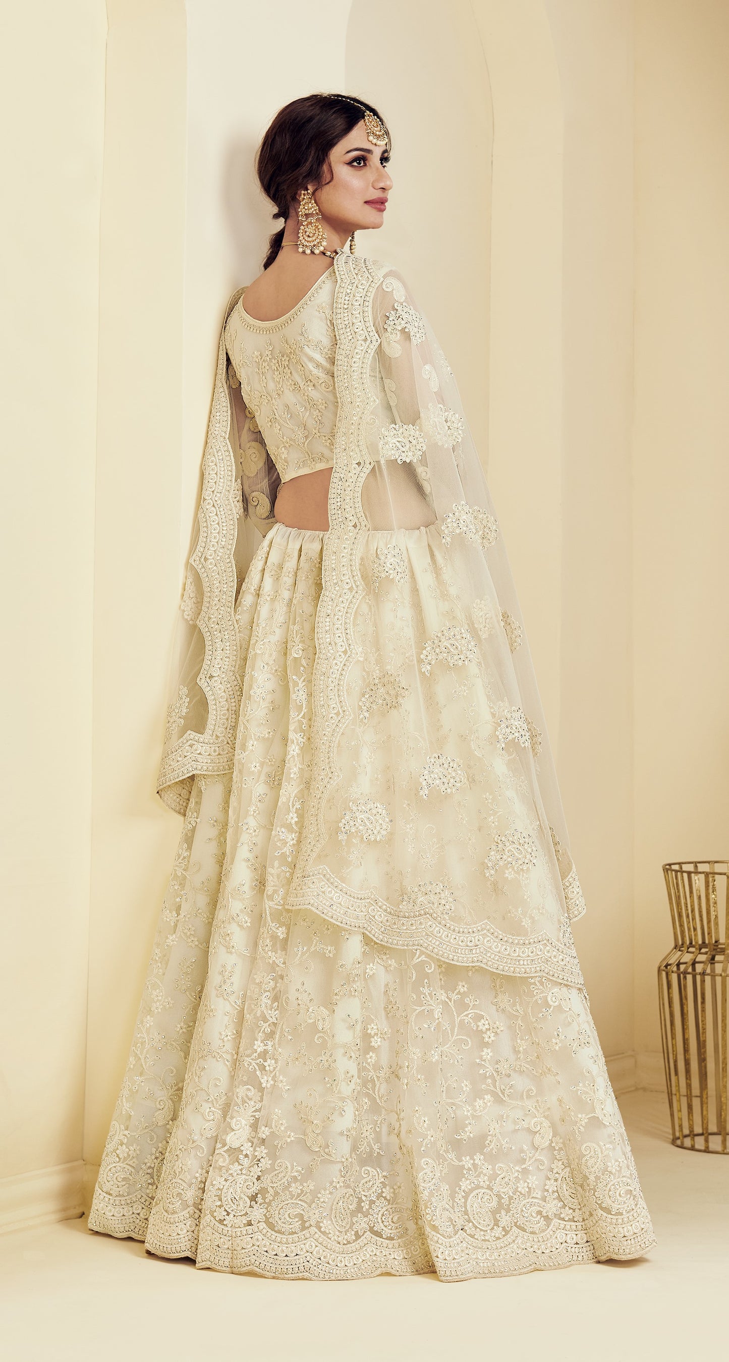 Ivory White Heavy Embroidered Net Lehenga