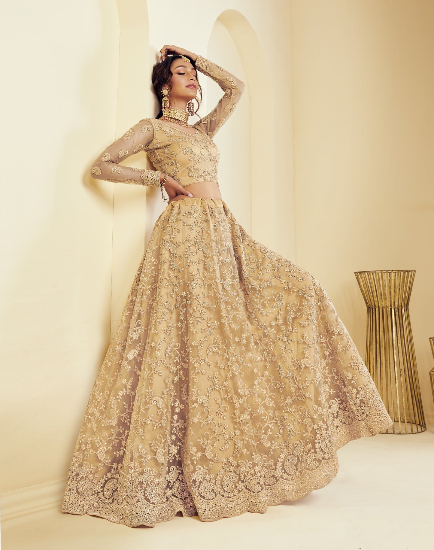 Golden Brown Heavy Embroidered Net Lehenga