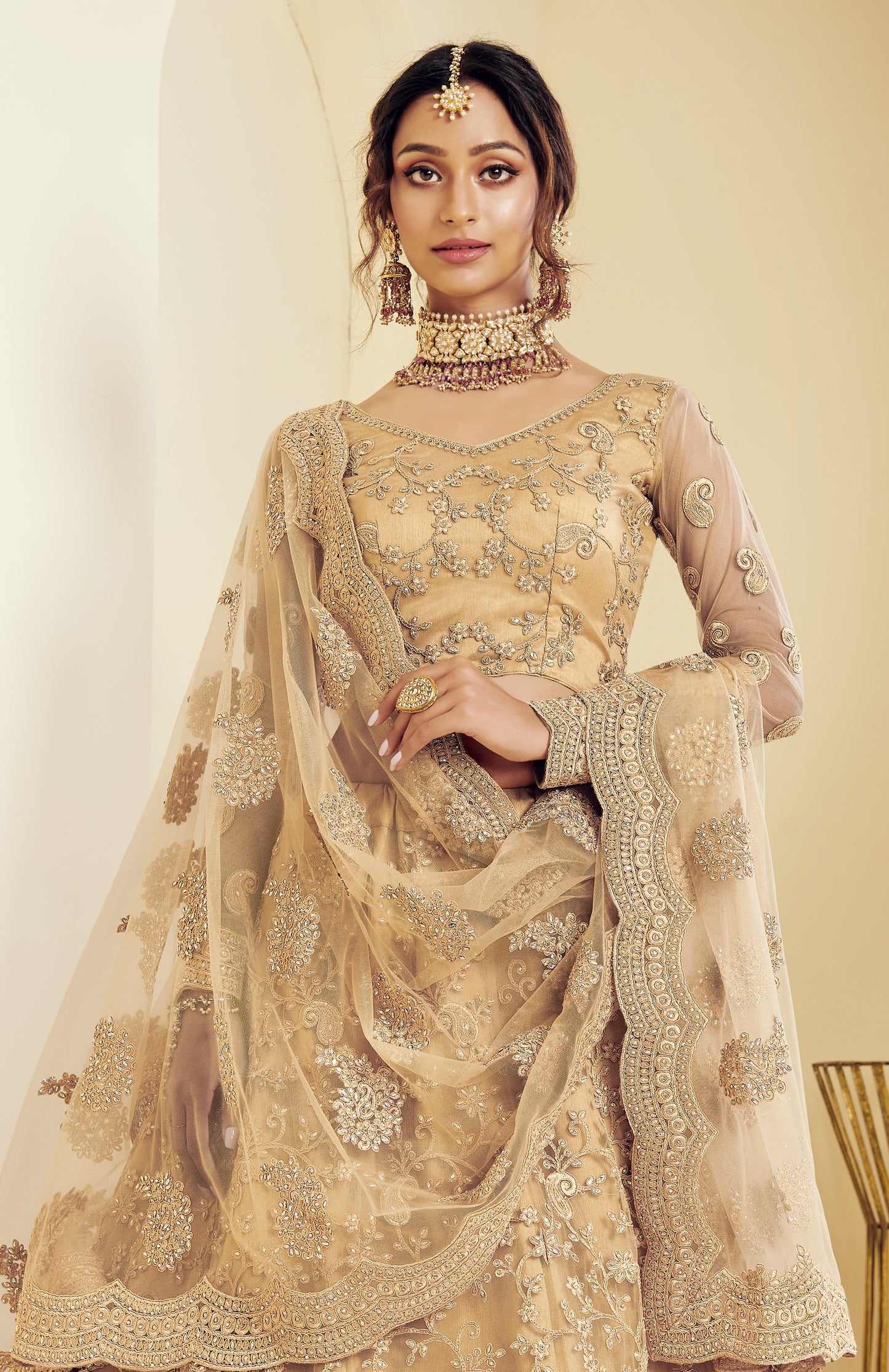 Golden Brown Heavy Embroidered Net Lehenga