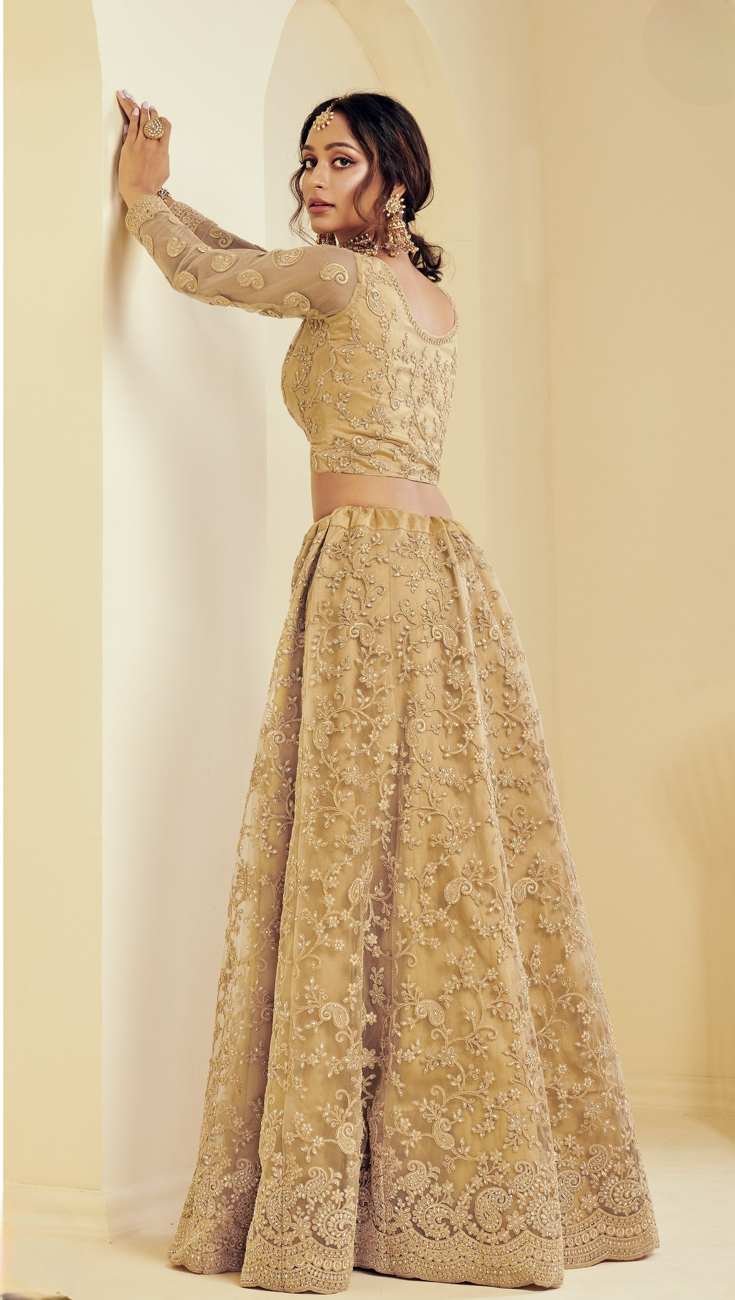Golden Brown Heavy Embroidered Net Lehenga