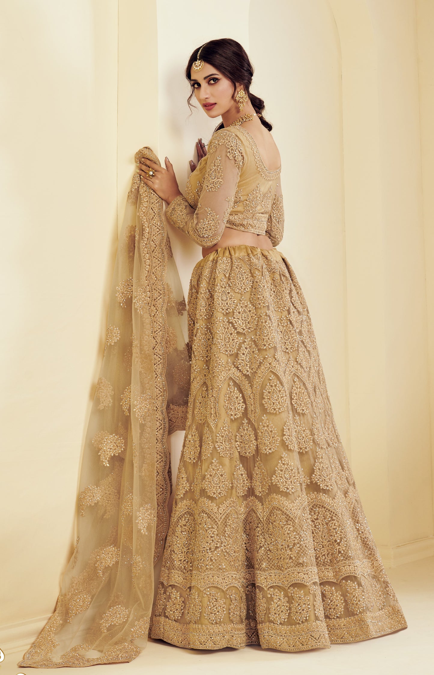 Golden Brown Heavy Embroidered Net Lehenga