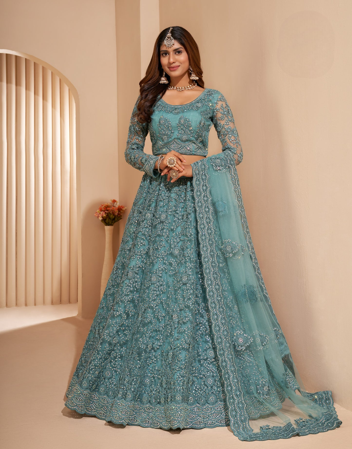 Dusty Turquoise Heavy Embroidered Net Lehenga