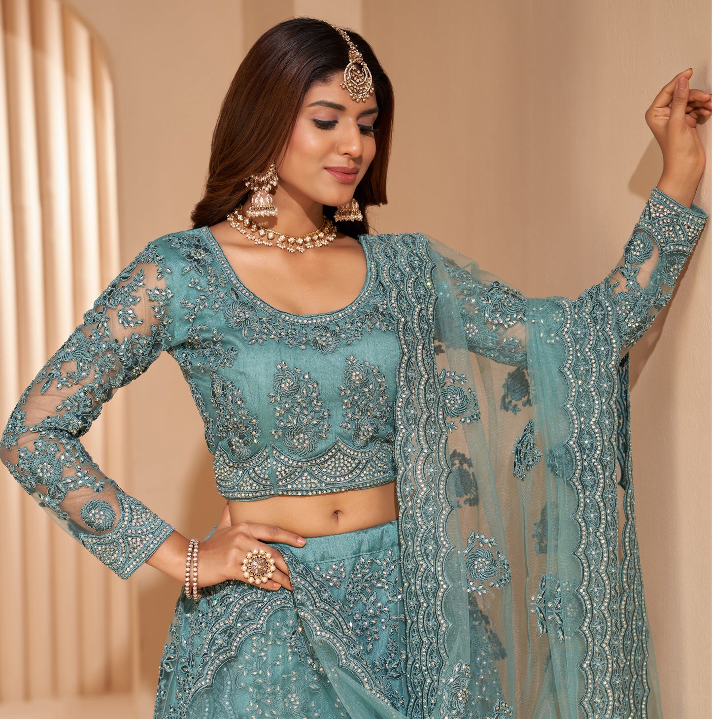 Dusty Turquoise Heavy Embroidered Net Lehenga
