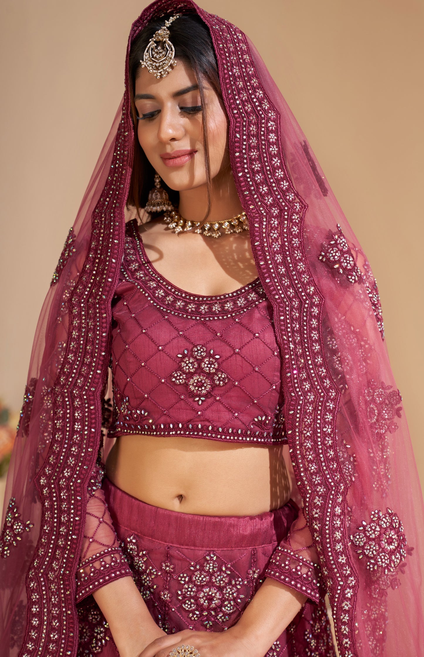 Rusty Red Heavy Embroidered Net Lehenga
