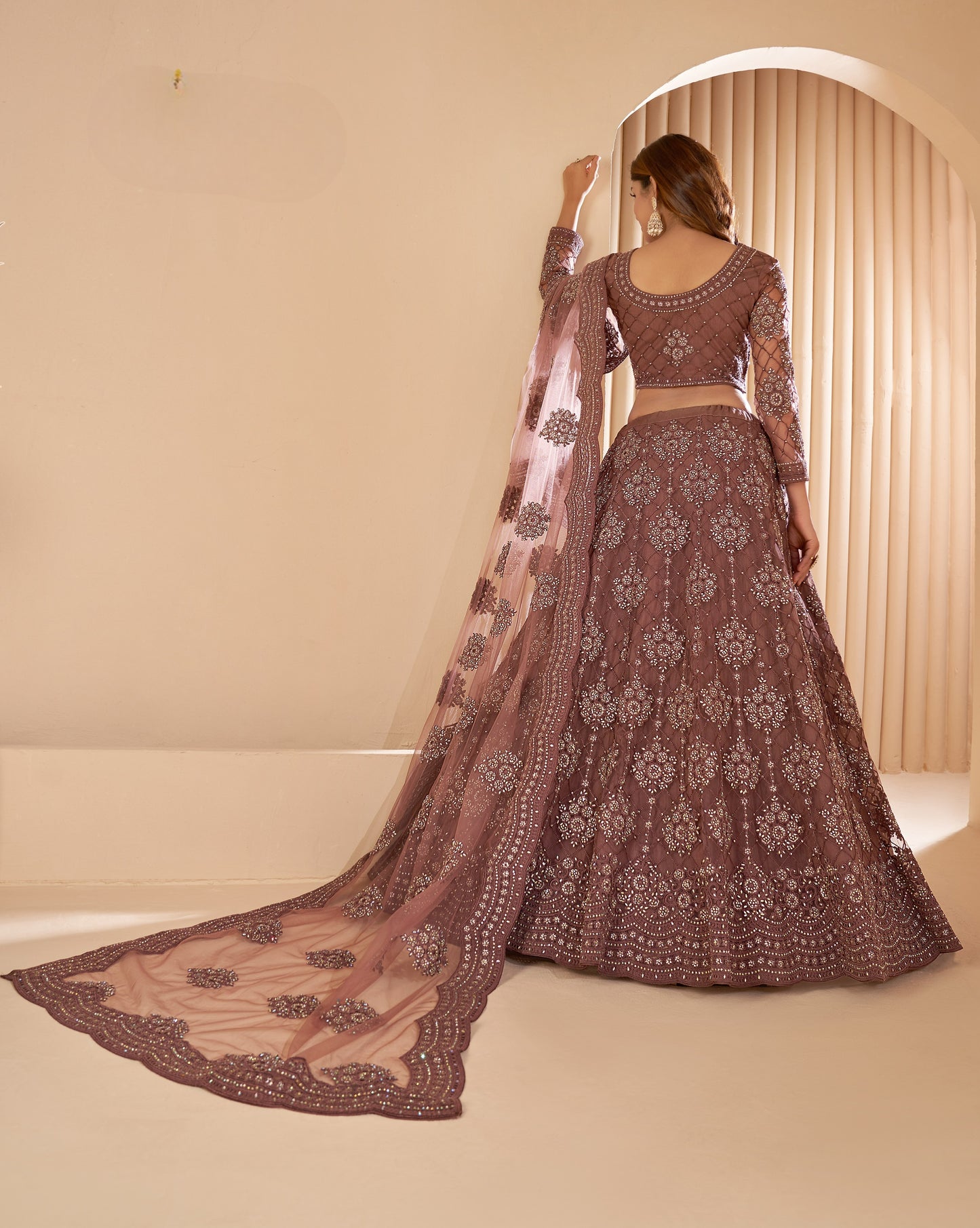 Cinnamon Brown Heavy Embroidered Net Lehenga