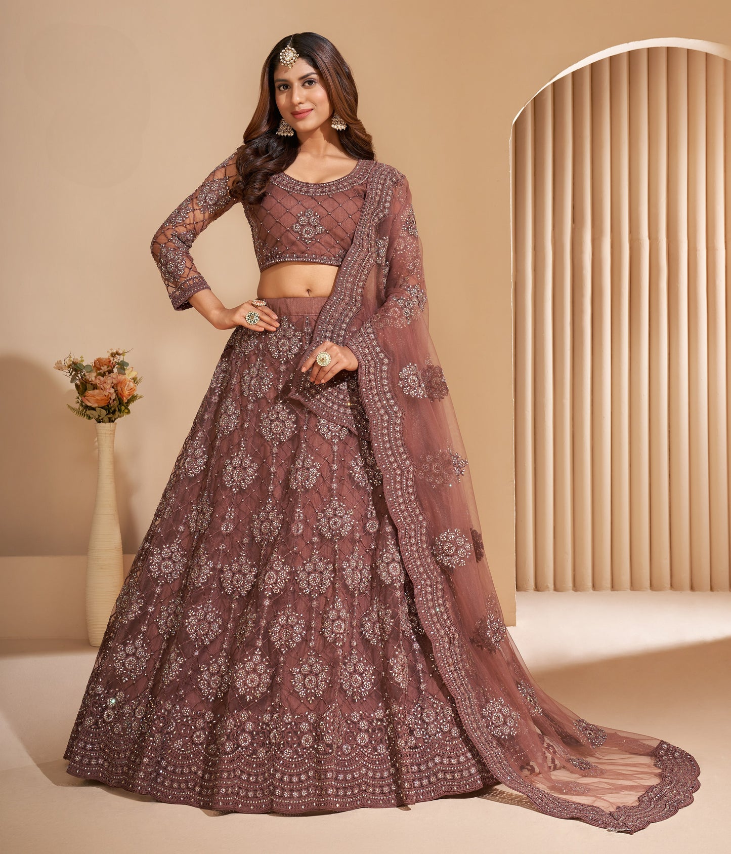 Cinnamon Brown Heavy Embroidered Net Lehenga
