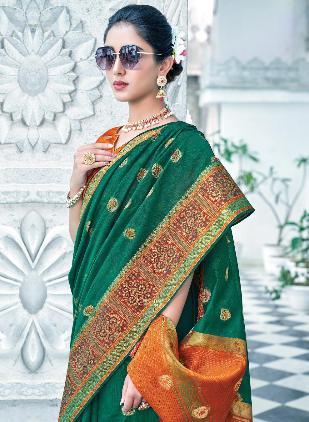 Forest Green Handloom Weaved Cotton Saree