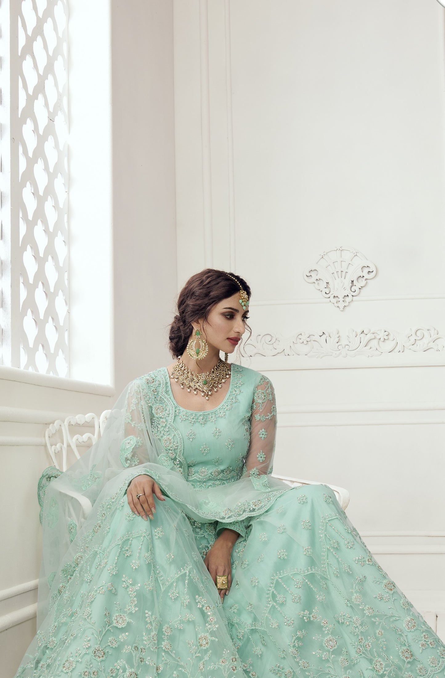 Sea Green Heavy Embroidered Net Bridal Lehenga