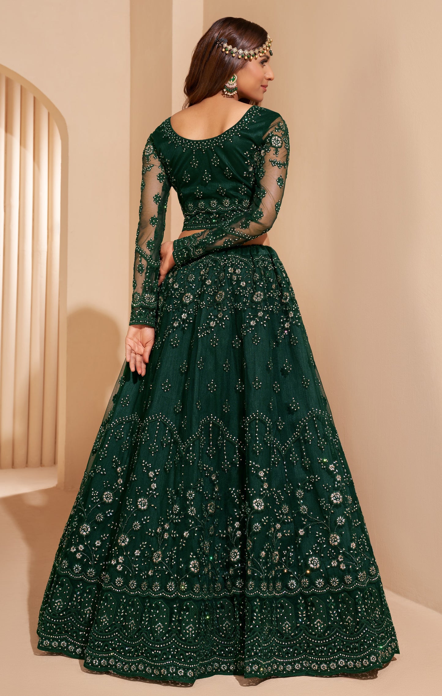 Pine Green Heavy Embroidered Net Lehenga