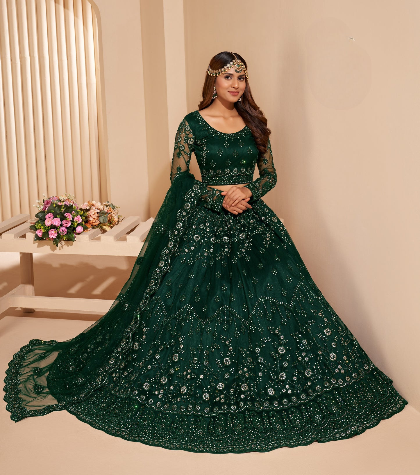 Pine Green Heavy Embroidered Net Lehenga