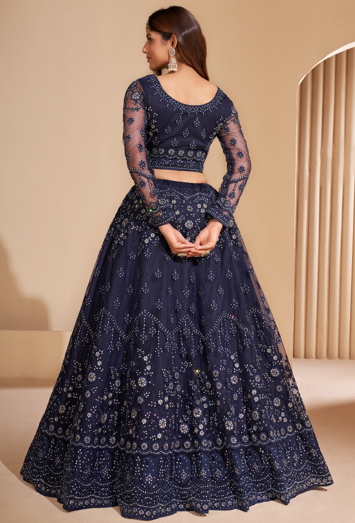 Ink Blue Heavy Embroidered Net Lehenga