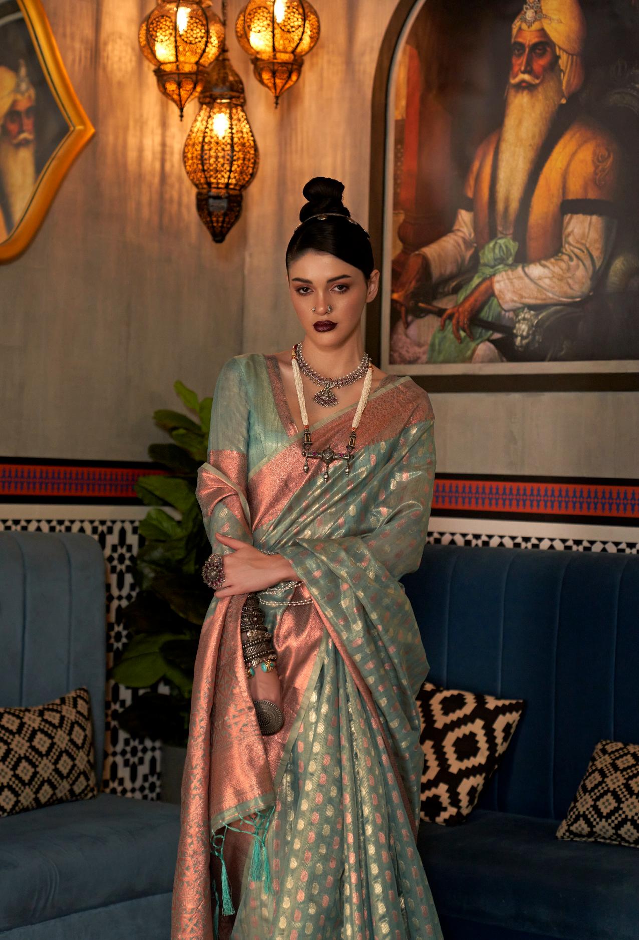 Seaweed Green Tissue Silk Handloom Saree