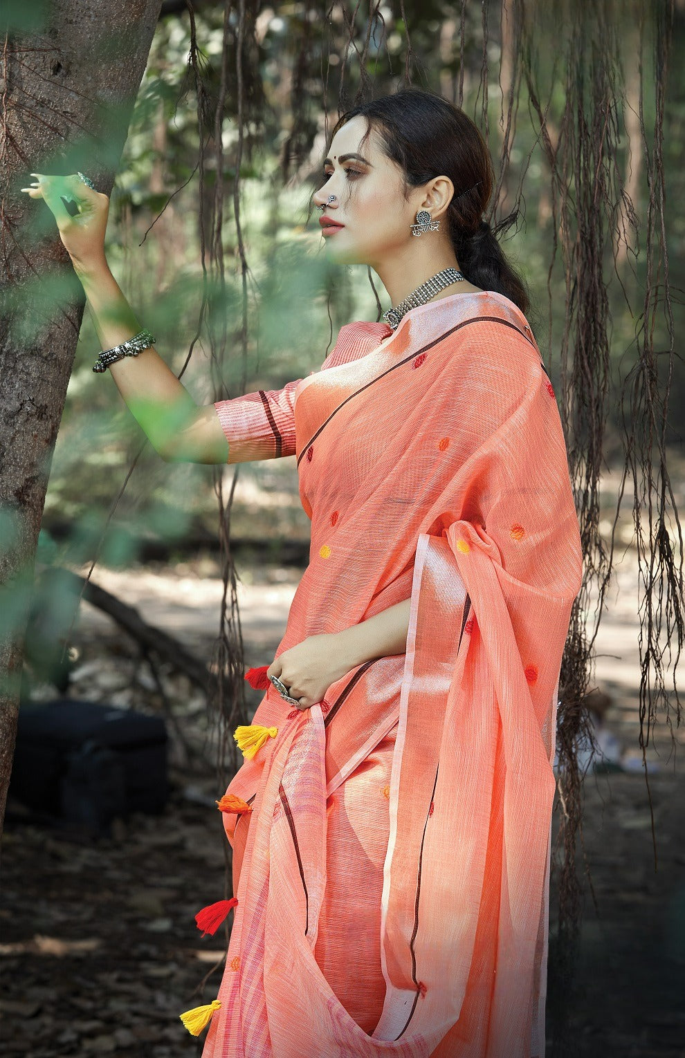 Flamingo Pink Zari Woven Border Linen Saree