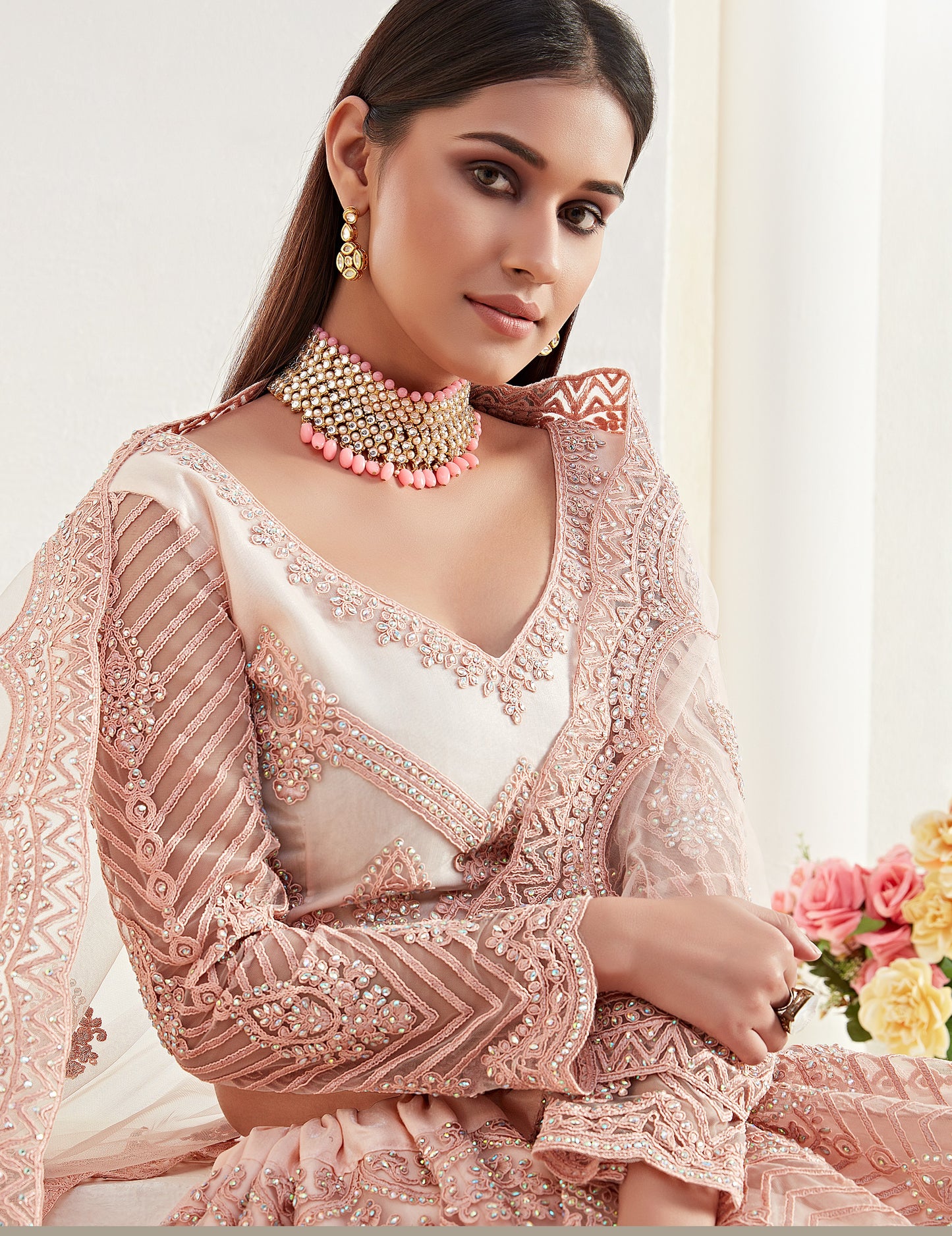 Apricot Peach Heavy Embroidered Net Bridal Lehenga