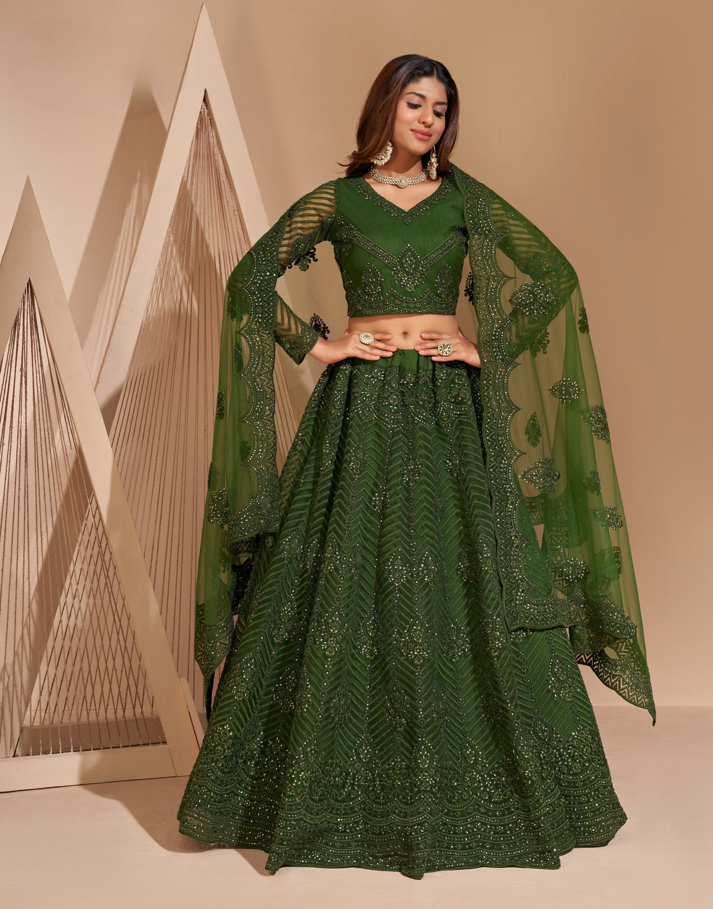 Mehendi Green Heavy Embroidered Net Lehenga