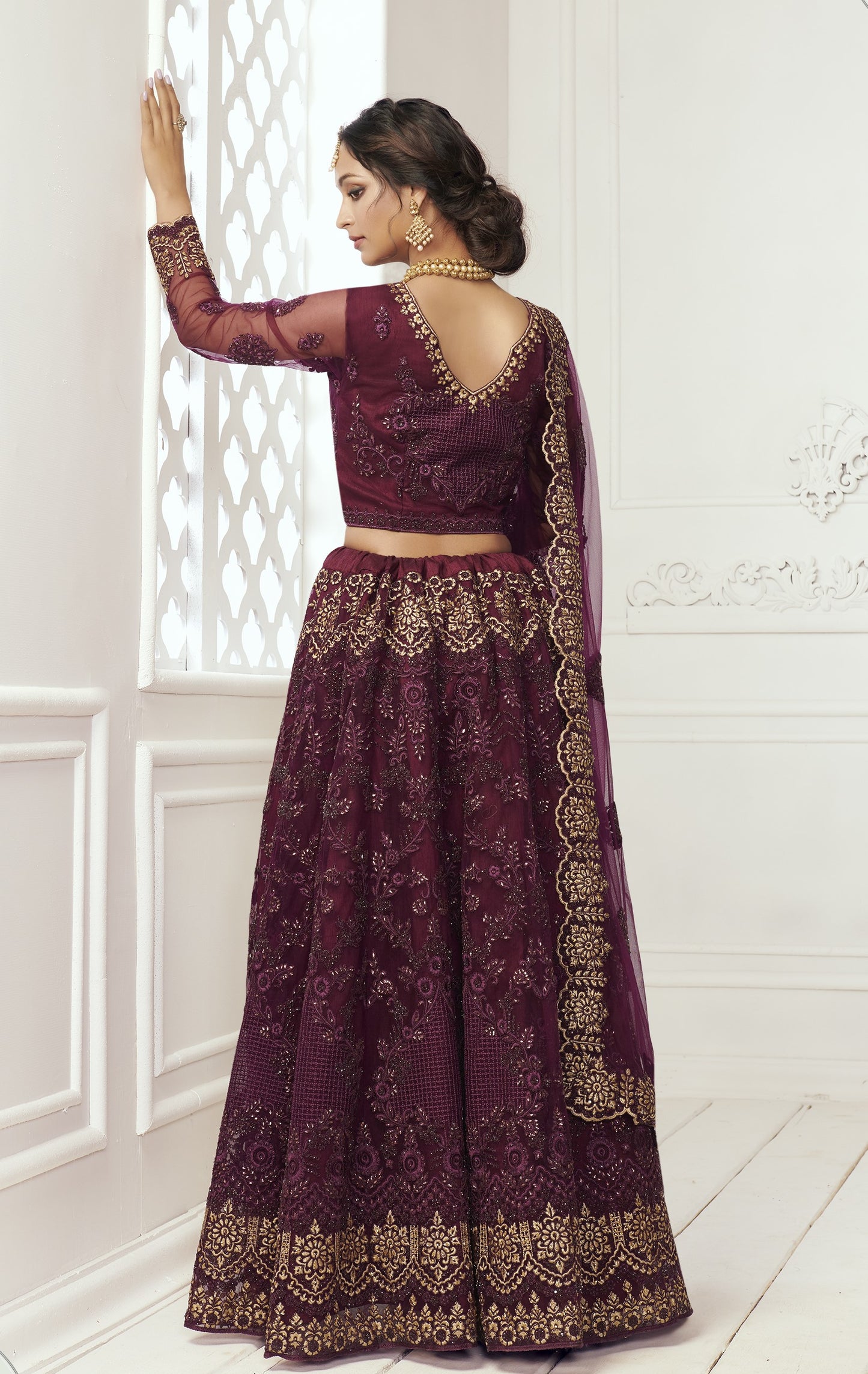 Grape Wine Heavy Embroidered Net Bridal Lehenga