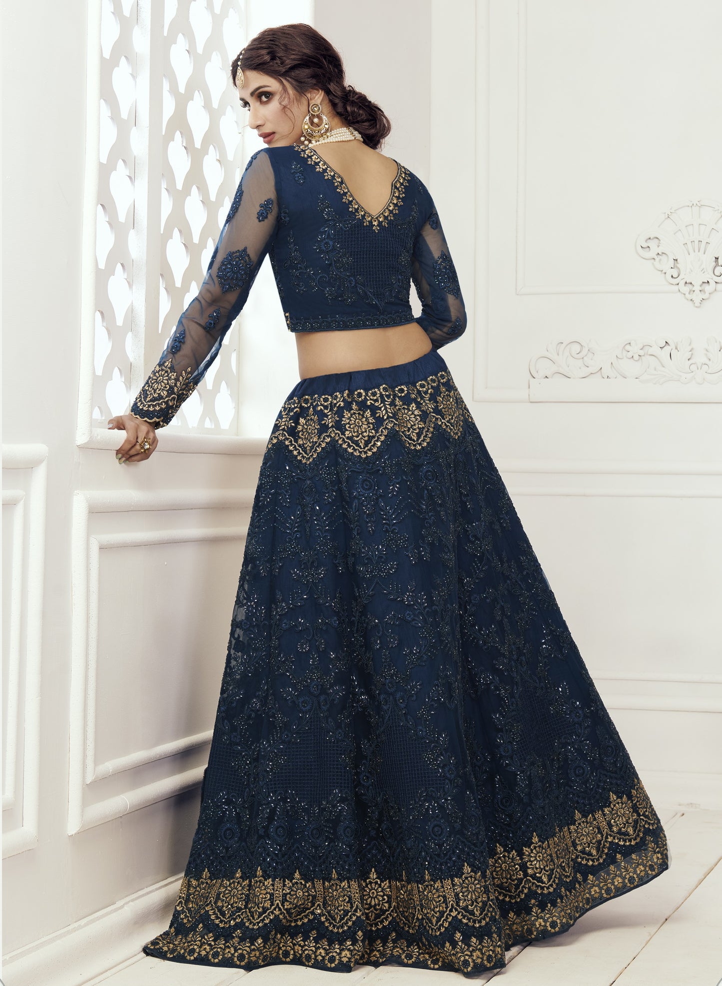 Aegean Blue Heavy Embroidered Net Bridal Lehenga